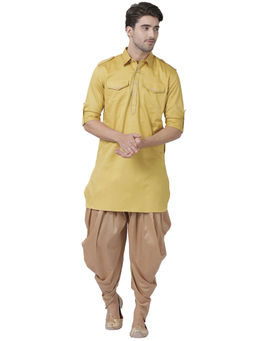 Vastramay - Mens Yellow Cotton Satin Blend Pathani Kurta (Set of 2)