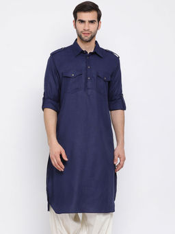 Vastramay - Men Navy Blue Cotton Blend Pattani Kurta