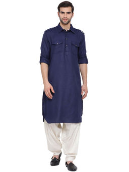 Vastramay - Men Navy Blue Cotton Blend Pattani Kurta (set Of 2)