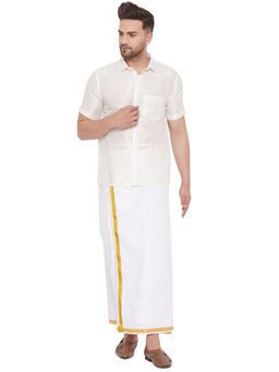 Vastramay - Mens Cream And White Silk Blend Shirt And Mundu (Set Of 2)