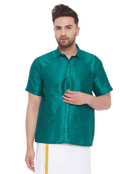 Vastramay - Men Green Cotton Silk Ethnic Shirt