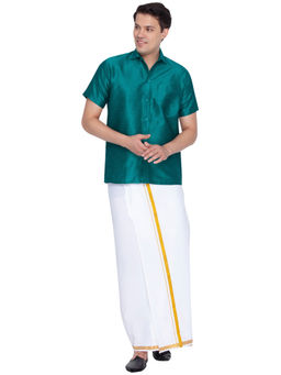 Vastramay - Men Green And White Cotton Silk Shirt And Mundu (set Of 2)