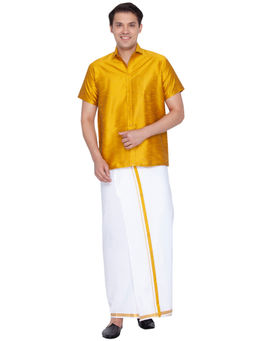 Vastramay - Men Mustard Yellow And White Cotton Silk Shirt And Mundu (set Of 2)