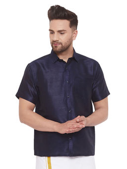 Vastramay - Mens Navy Blue Silk Blend Ethnic Shirt