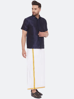 Vastramay - Mens Navy Blue And White Silk Blend Shirt And Mundu (Set Of 2)