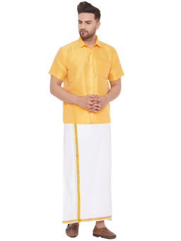 Vastramay - Mens Yellow And White Silk Blend Shirt And Mundu (Set Of 2)