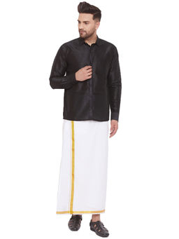 Vastramay - Men Black And White Cotton Silk Shirt And Mundu (set Of 2)