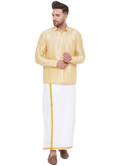 Vastramay - Men Gold And White Cotton Silk Shirt And Mundu (set Of 2)