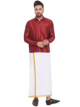 Vastramay - Men Maroon And White Cotton Silk Shirt And Mundu (set Of 2)