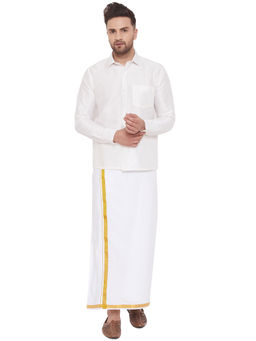 Vastramay - Men White Cotton Silk Shirt And Mundu (set Of 2)