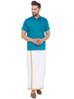 Vastramay - Men Blue And White Cotton Blend Shirt And Mundu (set Of 2)