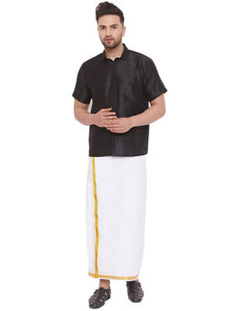 Vastramay - Men Black And White Cotton Silk Shirt And Mundu (set Of 2)