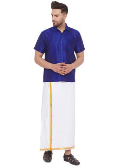 Vastramay - Men Blue And White Cotton Silk Shirt And Mundu (set Of 2)