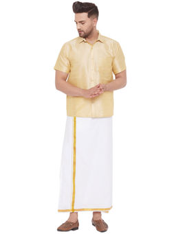 Vastramay - Men Gold And White Cotton Silk Shirt And Mundu (set Of 2)