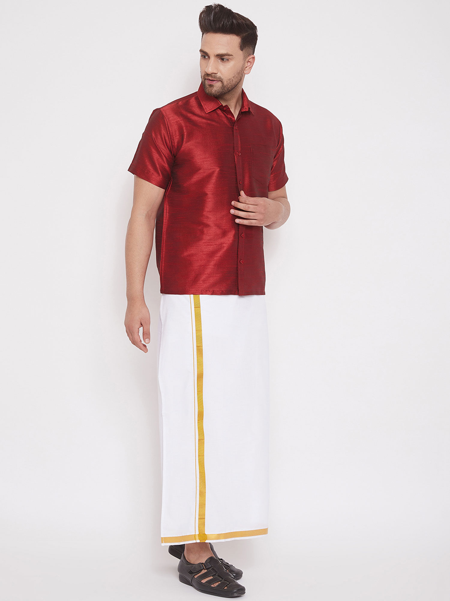 Maroon And White Cotton Silk Shirt 