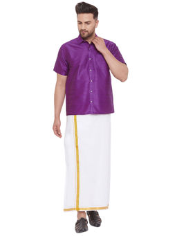 Vastramay - Men Purple And White Cotton Silk Shirt And Mundu (set Of 2)