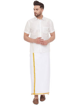 Vastramay - Men White Cotton Silk Shirt And Mundu (set Of 2)