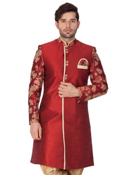 Vastramay - Men Maroon Cotton Silk Sherwani Only Top