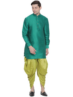 Vastramay - Men Green Cotton Silk Kurta And Dhoti (set Of 2)