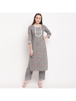 Vbuyz - Women Printed Straight Cotton Grey Kurti With Pant (set Of 2)