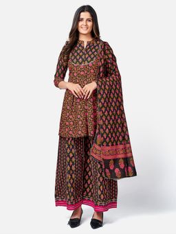 Vbuyz - Floral Print & Sequience Work Round Flared Cotton Pink Kurta Palazzo Dupatta (Set of 3)