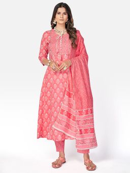 Vbuyz - Womens Printed and Handwork Anarkali Cotton Pink Kurta Pant with Dupatta (Set of 3)