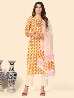 Vbuyz - Sequience Work Straight Cotton Yellow Stitched Kurta Pant With Dupatta (set Of 3)