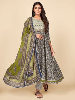 Vbuyz - Printed and Hand Work Sequience Anarkali Cotton Blue Kurta Pant Dupatta (Set of 3)