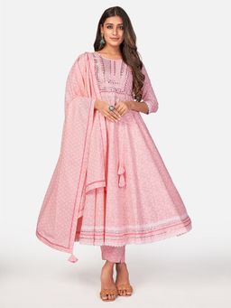 Vbuyz - Womens Printed & Mirror Work Anarkali Cotton Pink Kurta Pant with Dupatta (Set of 3)