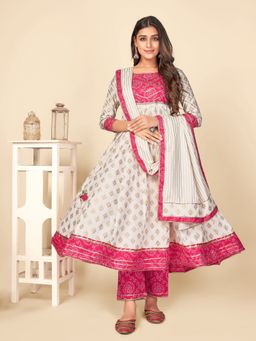 Vbuyz - Bandhani Print and Gota Patti Work Anarkali Cotton Beige Kurta Pant Dupatta (Set of 3)