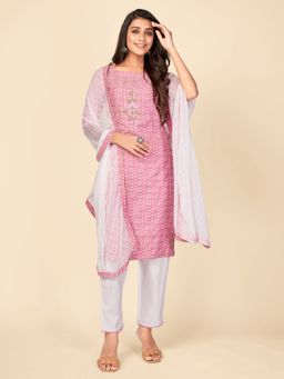 Vbuyz - Womens Printed and Hand Work Straight Cotton Pink Kurta Pant with Dupatta (Set of 3)
