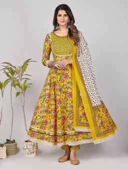 Vbuyz - Printed & Embroidered Anarkali Cotton Yellow Stitched Kurta Pant with Dupatta (Set of 3)