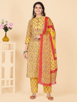 Vbuyz - Womens Printed & Gota Patti Straight Cotton Yellow Stitche Kurta Pant Dupatta (Set of 3)