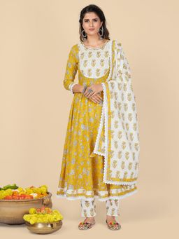 Vbuyz - Sequience & Lace Work Anarkali Cotton Yellow Stitched Kurta Pant with Dupatta (Set of 3)