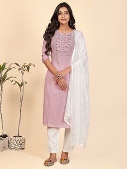 Vbuyz - Embroidered and Mirror Work Straight Cotton Pink Stitched Kurta Pant Dupatta (Set of 3)