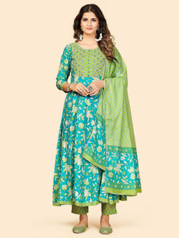Vbuyz - Printed Anarkali Cotton Aqua Stitched Kurta Pant & Dupatta (set Of 3)