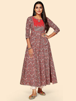 Vbuyz - Printed & Sequience Work Anarkali Cotton Red Stitched Kurta