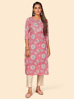 Vbuyz - Printed & Gotta Work Straight Cotton Pink Stitched Kurta