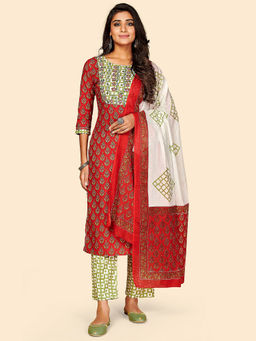 Vbuyz - Embroidered Straight Cotton Red Stitched Kurta Pant With Dupatta (set Of 3)