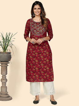 Vbuyz - Printed & Embroidered Straight Cotton Red Stitched Kurta