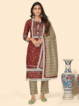 Vbuyz - Lace Work Straight Cotton Maroon Stitched Kurta Pant With Dupatta (set Of 3)