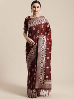 Sareemall - Brown Weadding Silk Blend Woven Saree With Unstitched Blouse
