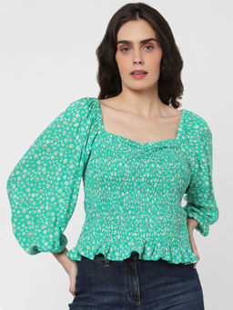 VERO MODA - Women Bishop Sleeve Printed Green Top