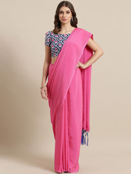 Akhilam - Pink Georgette Solid Saree with Unstitched Blouse