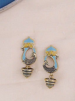 Voylla - Multi-Colour Gwalior Gold Toned Peacock Motif Earrings