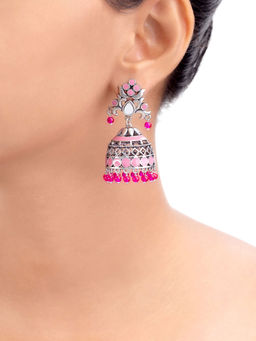 Voylla - Brass Silver Oxidised Plating Pink Embellishments Jhumka Earrings with Pearl Beads