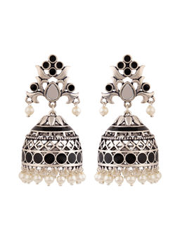 Voylla - Brass Silver Oxidised Plating Black Embellishments Jhumka Earrings with Pearl Beads