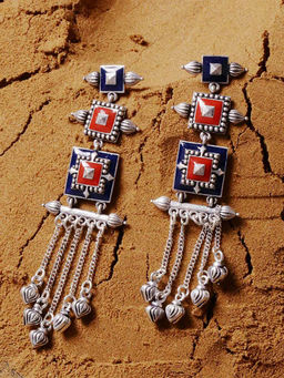 Voylla - Brass Silver Oxidised Mandala Layered Square Design Tassels Earrings