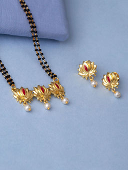 Voylla - Lotus Motif Yellow Gold Plated Mangalsutra Set