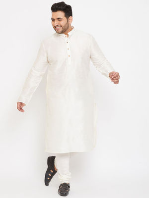 Off White Floral Thread Work Cotton Silk Kurta Pyjama Set – De Royal Mens Ethnic
